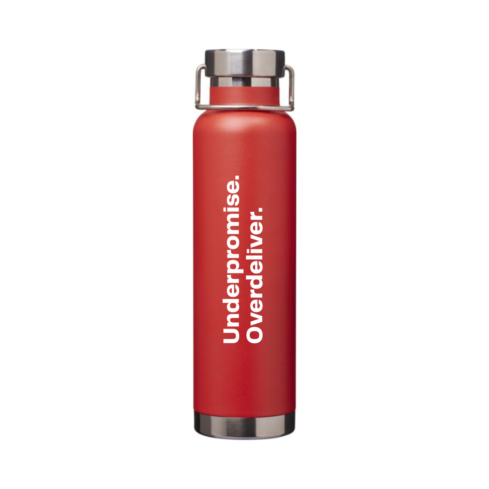 Red water bottle "Underpromise. Overdeliver."